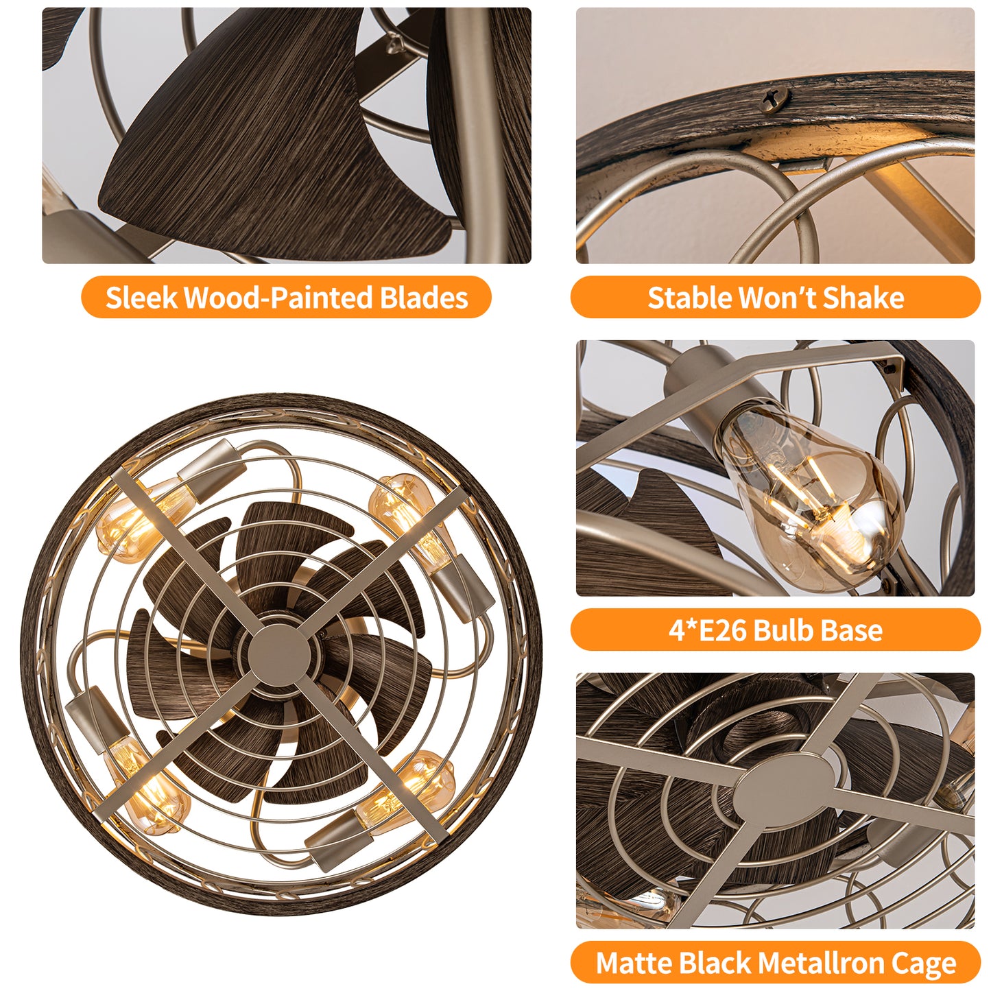 NORFOLK 20'' Gold Caged Ceiling Fans with Lights